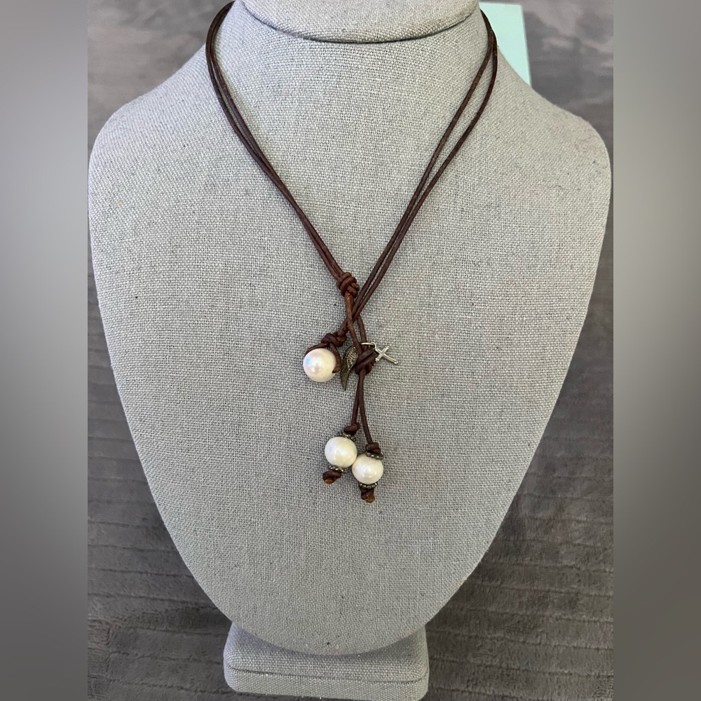 Genuine Brown Leather and White Pearl w Cross w Feather Necklace